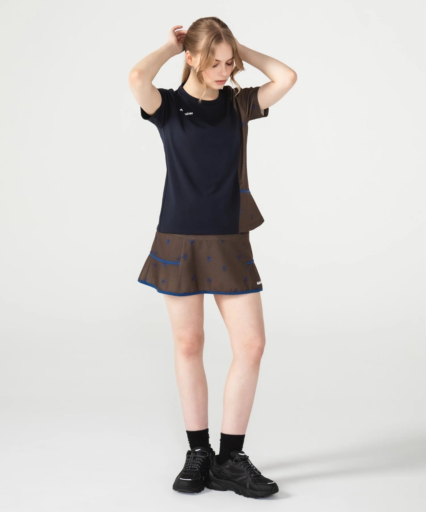 アシンメトリーフラワーチェックTEE